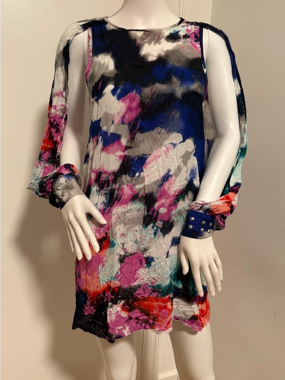 Vintage One Teaspoon Colorful Abstract Print Open-Arms Studded Cuffs Dress S